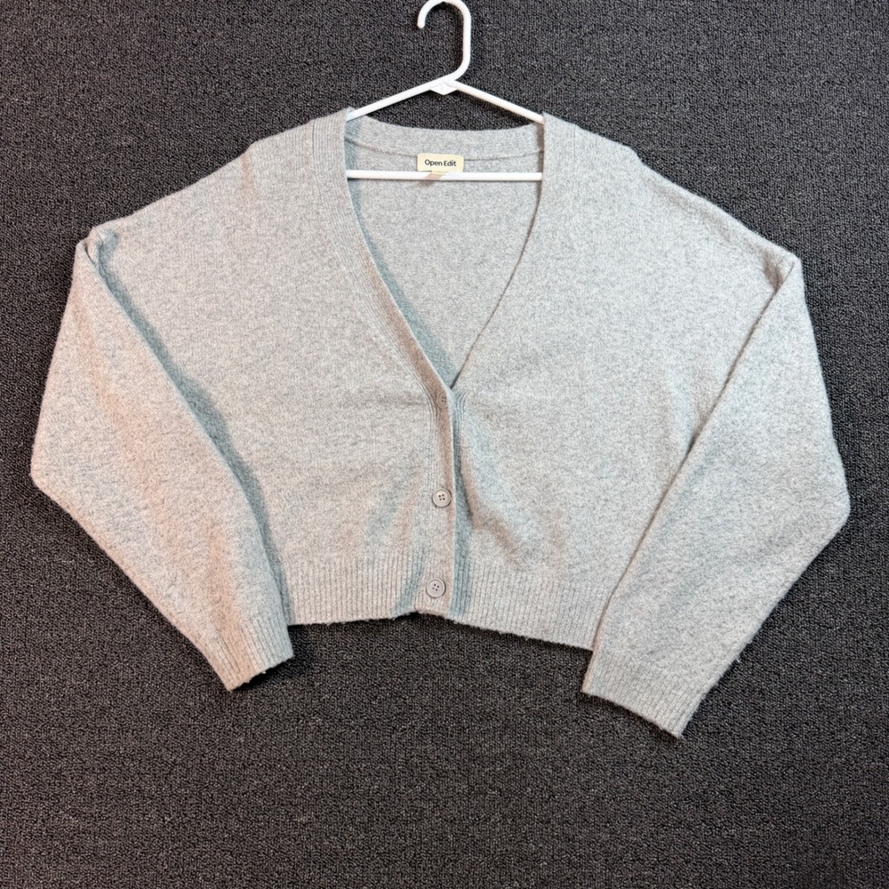 Open Edit Cropped Button up Cardigan Sweater Women's L Heather Gray V-Neck Knit